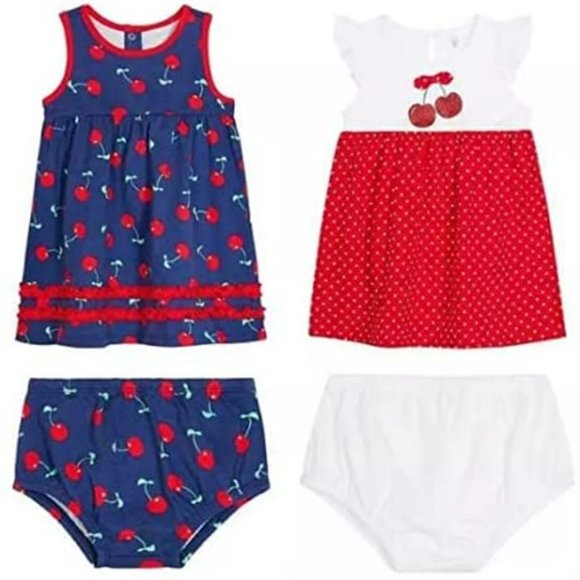 Koala Baby Girls Knit Dress Set 6 Months Cherries 2 Dresses 100% Cotton - Picture 1 of 16